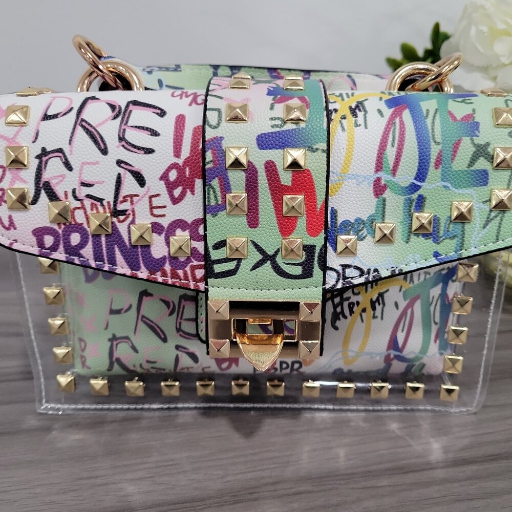 🎁 Graffiti Print Clear 2pc Crossbody Clutch w/ Studs & Removable Zippered Pouch - Picture 4 of 13